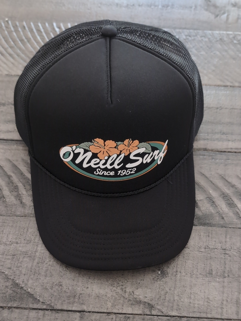 O'Neill Black Trucker Hat with Orange Floral Logo